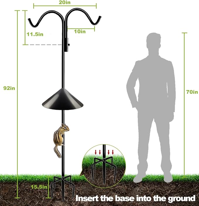 92 Inch Double Shepherd Hook Stand for Outdoor Birdfeeder, Adjustable Two Sided Garden Bird Feeder Pole Holder for Birdhouse Planter Solar Light Lantern, Black, 1 Pack