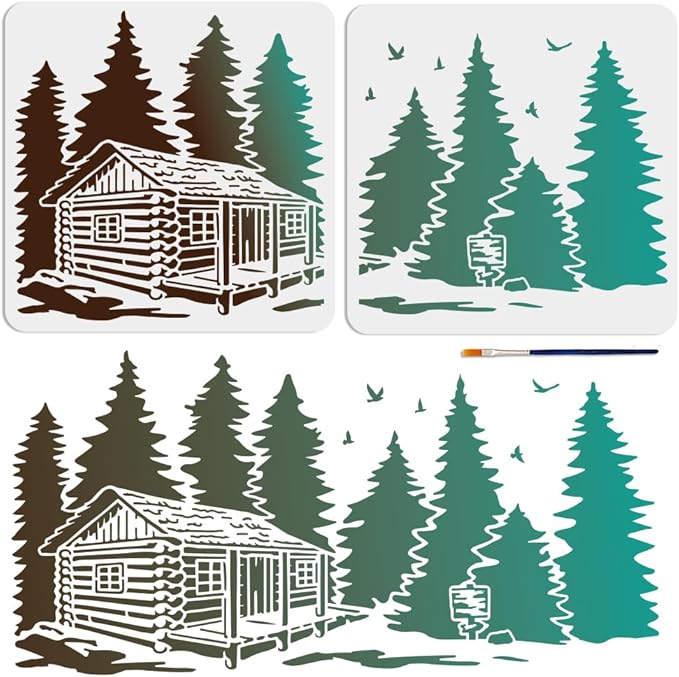 MAYJOYDIY 2pcs Forest Cabin Tree Stencil 22×11inch Splicing Style Forest Pine Cabin Stencil Nature Forest Landscape 11.8×11.8inch Drawing Template with Paint Brush for Art Crafts Canvas Furniture