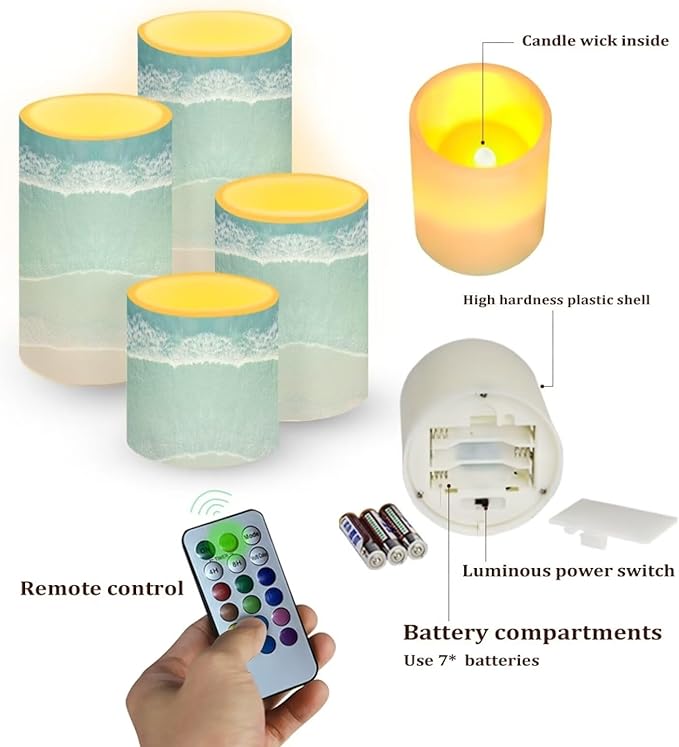 Flameless Flickering Candles with Remote Set of 2, Beach Light Blue, Color Changing Battery Operated LED Candles with Timer for Home Indoor Coastal Decoration