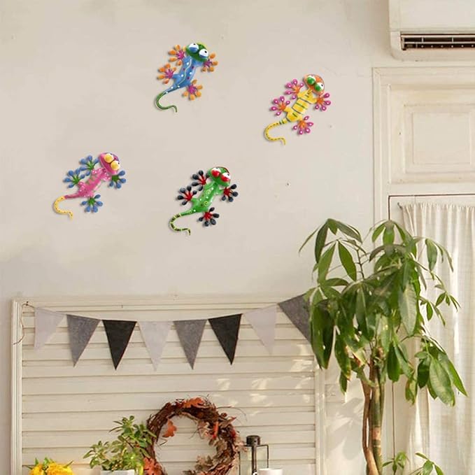 YEAHOME 6 Pack Metal Geckos Inspirational Wall Art, Mexican Outdoor Wall Decor with Shaking Head, Lizard Wall Sculptures & Statues for Farmhouse, Porch, Patio, Lawn, Fence
