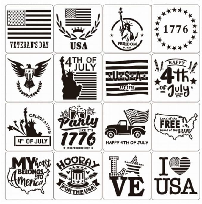 16 pcs Independence Day Stencils Reusable,8x8 4th of July Stencils for Painting American Flag Stencil for Scrapbooking Drawing Wall Floor Decoration DIY Painting Projects (Independence Day-16pcs)