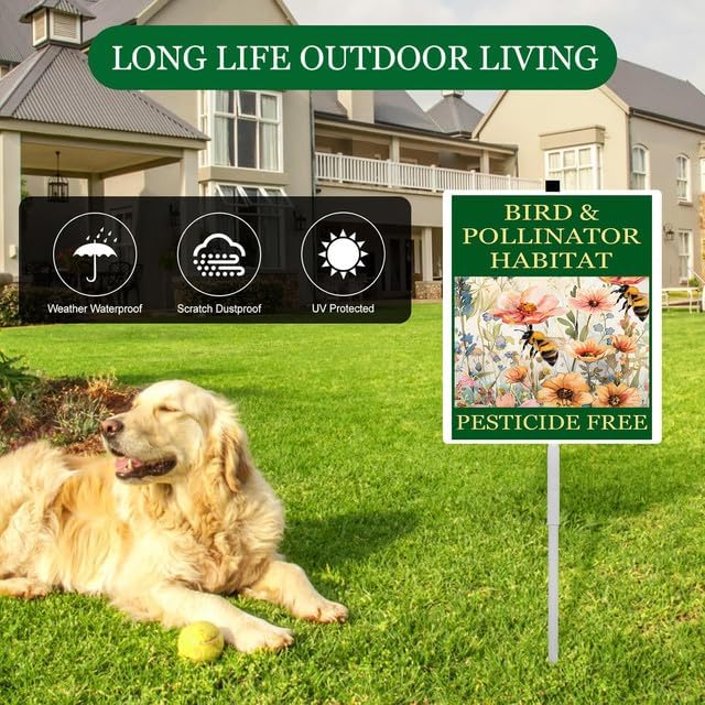 Bird and Pollinator Habitat Pesticide Free Yard Sign With Stakes 8X12 inches Rustproof Reflective Aluminum Pollinator Friendly Garden Sign Stand Bee Outdoor Decor