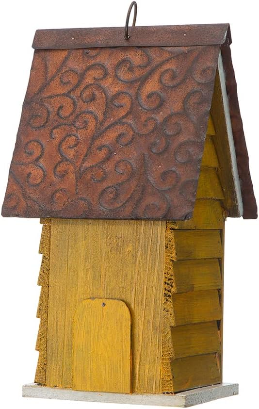 Glitzhome Bird Houses for Outside, 12" H Solid Wood Blue Bird House, Yellow Distressed Cottage Bird Nesting Box Decorative Birdhouse Hanging Bird House for Outdoors, Finch Swallow Wren Chickadee