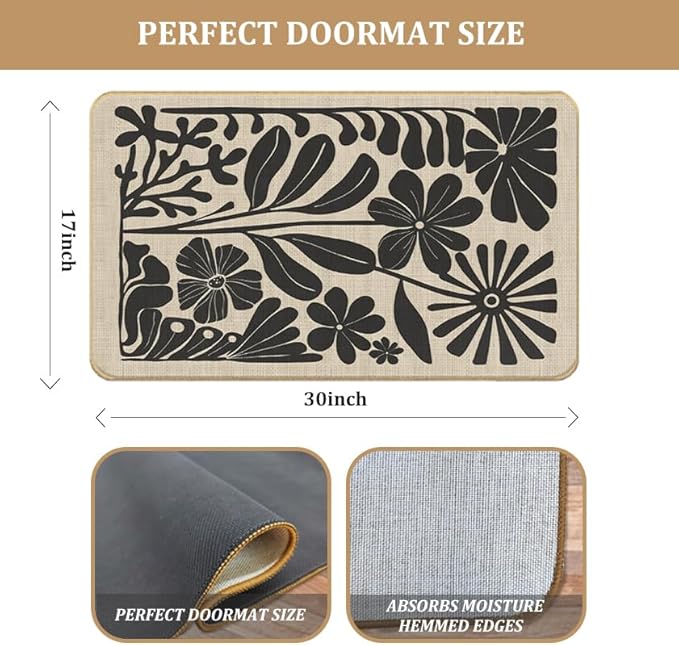 Boho Beige and Black Floral Door Mat - Bohemian Neutral Floral Front Door Welcome Mats Outdoor Entrance, 17x30 Rug
