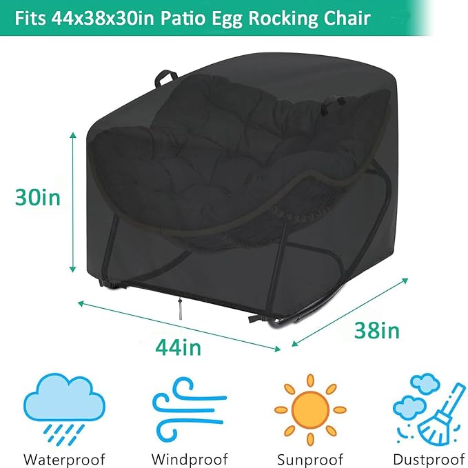 Outdoor Patio Egg Rocking Chair Cover - Waterproof, Fits Indoor Papasan Chair & Rattan Wicker Lounge Chairs (Black, 44x38x30in)