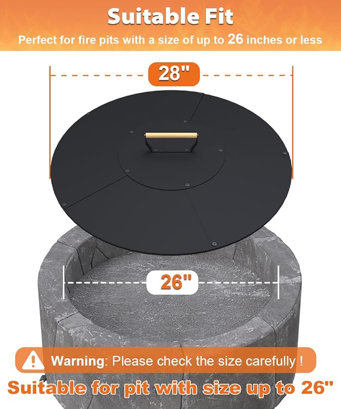 28" Wooden-Handle Fire Pit Lid for Pits up to 26", Round Metal Bonfire Pit Burner Pan Cover, Smokeless Fire Pit Cover for Fire Tables, All-Weather Resistance Outdoor Firepit Accessory