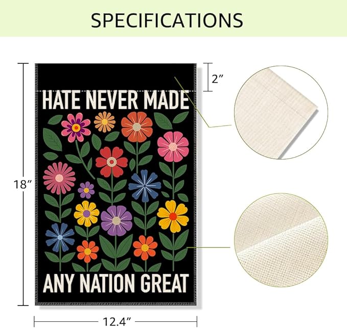 RZHV Hate Never Made Any Nation Great Double-Sided Garden Flag for Outdoor House Yard Sign Garden Decor Parade, Political Outdoor Banner, Kindness Social Justice Yard Sign, Feminist Gifts