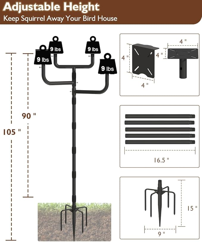 Garbuildman Upgraded Smart Bird Feeder Pole for 4 Birdhouses with Reinforced 5-Prong Base, Adjustable Birdhouse Pole for Outdoors, 4-in-1 Bird Feeder Stand Mounting Kit for Wild Birds Watching, Black