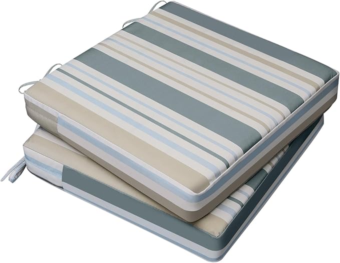AAAAAcessories Outdoor Seat Cushions for Chairs, Waterproof, Fade-Resistant, 18.5" x 16" x 3", Patio Furniture Replacement Cushions, Set of 2, Slate Gray Blue Coastal Stripe