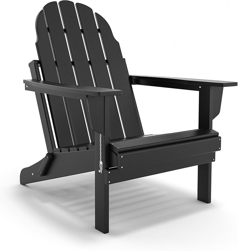 Folding Adirondack Chair - Durable HDPE Poly Lumber All-Weather Resistant, Foldable Oversized Balcony Porch Patio Outdoor Chair for Lawn, Backyard, Deck, Garden, Camping - Easy Installation, Black