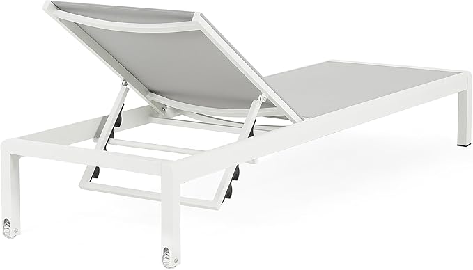 Christopher Knight Home Set of 2 Berton Outdoor Mesh Seat Chaise Lounge Chairs, Patio Adjustable Aluminum Frame Single Lounge Sofa, Poolside/Garden/Backyard Seating, All-Weather Furntiure, Gray+White