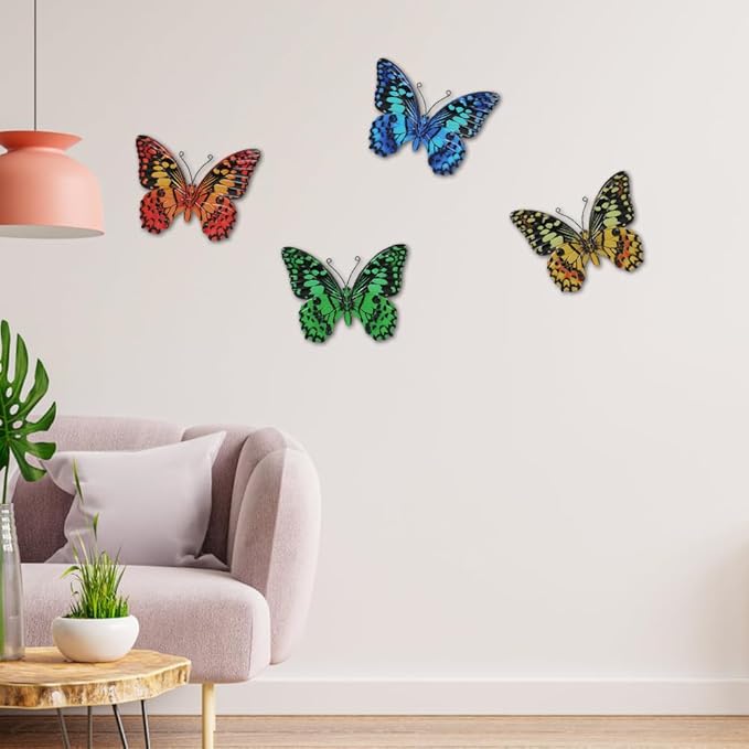 4 Pcs Butterfly Wall Decor Art, Butterflies Outdoor Metal Wall Art with Vivid Pattern, Hand Painted Outdoor Garden Yard Fence Patio Decor Gift for Women Mom