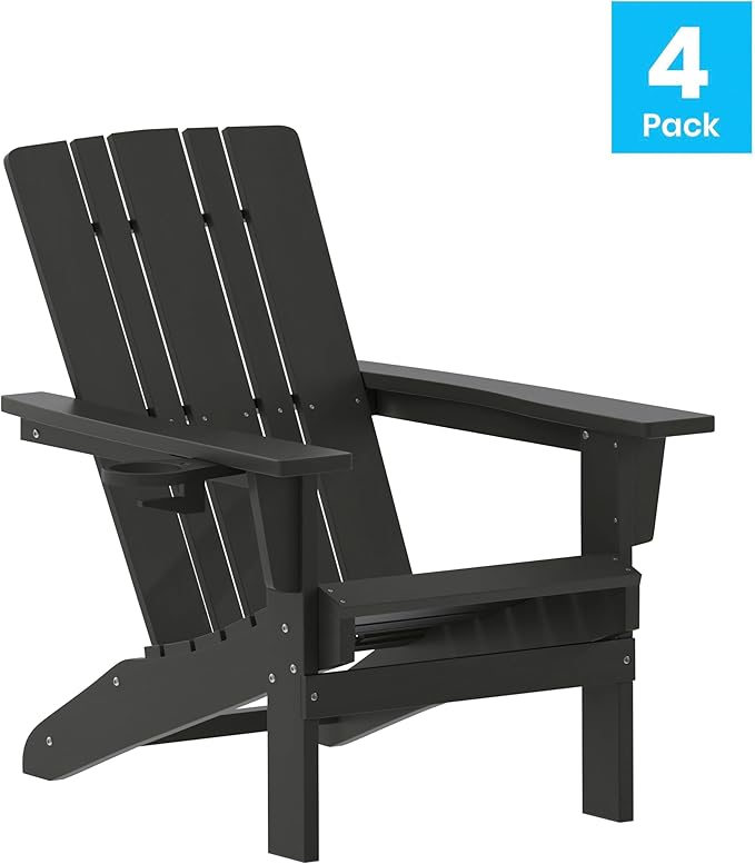 Flash Furniture Halifax Adirondack Chairs with Cup Holders, Weather Resistant Poly Resin Adirondack Chairs, Set of 4, Black