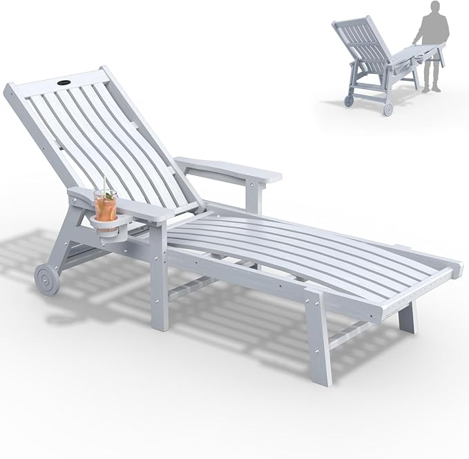 Patio Chaise Lounge Chair, Oversized Lounge Chair Outdoor with 5 Positions, HDPE, Patio Lounge Chair with Wheels & Cup Holder for Pool, Deck, Poolside,White
