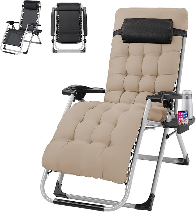 Bonnlo Padded Zero Gravity Chair, Lounge Chair Recliner Chair with Removable Cushion & Tray， Folding Reclining Patio Chairs， Recliner Chair for Lawn，Ptio Indoor and Outdoor
