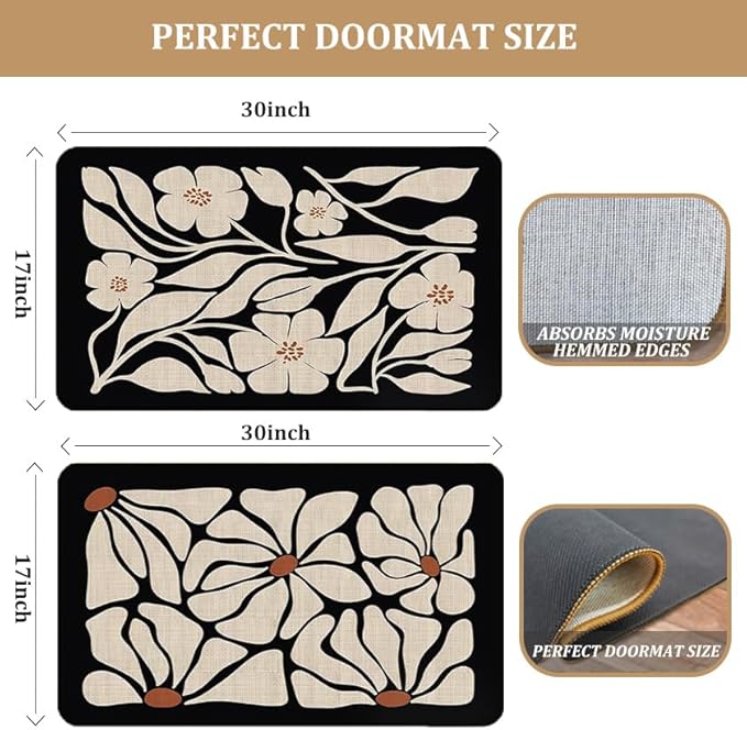 Boho Beige and Black Floral Door Mat Set 2 - Bohemian Neutral Floral Front Door Welcome Mats Outdoor Entrance, 17x30 Rug