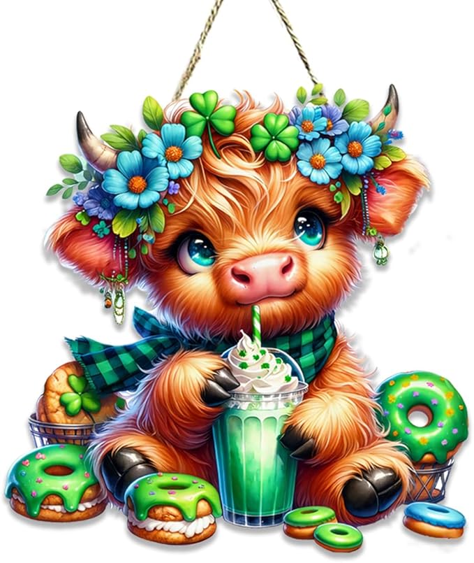 St Patricks Day Door Decorations, St Patricks Day Highland Cow Decorations, Shamrock Decoration, Wood Hanging Sign for Office Party Porch Yard Outdoor Indoor Home Decor Irish Decor