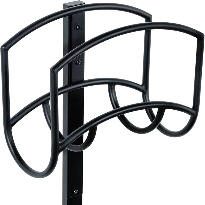 MyGift Garden Hose Holder, Modern Industrial Matte Black Metal Garden Hose Holder Freestanding Rack with Yard Grass Stake Anchors in Ground