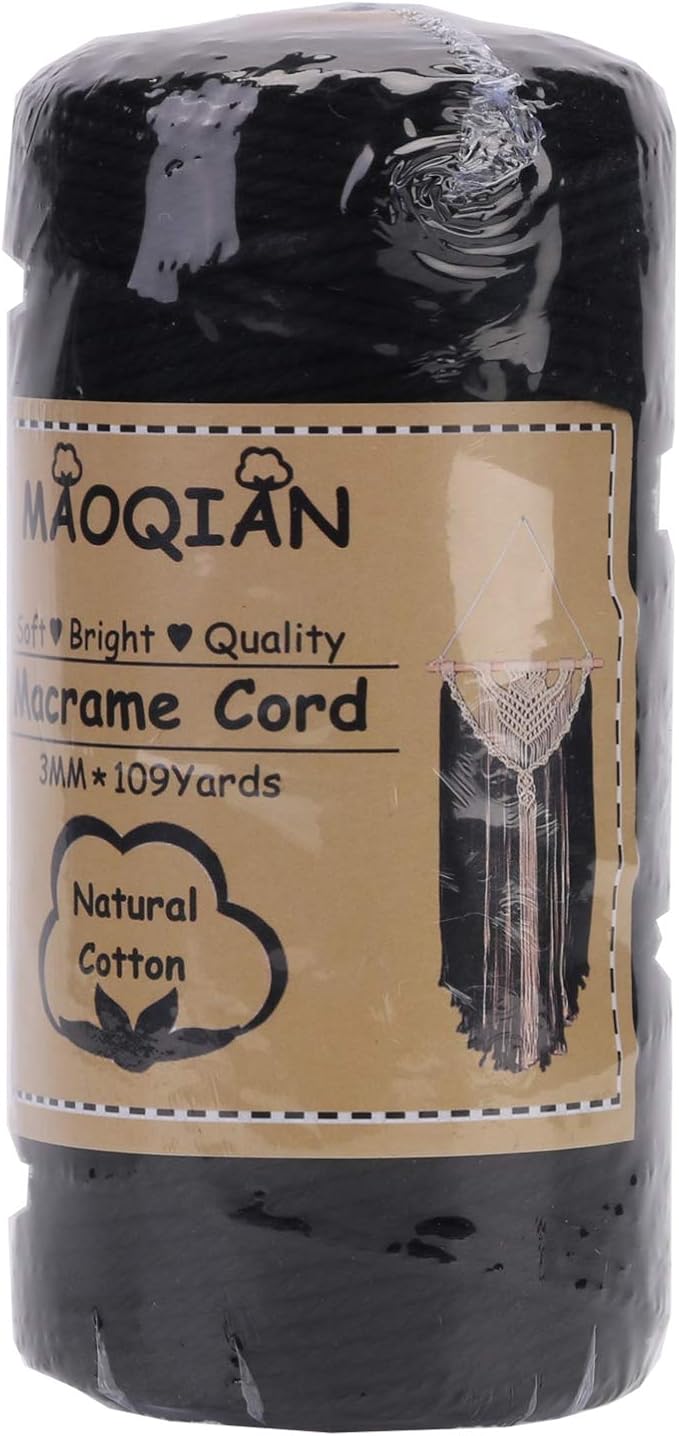 Black Macrame Cord 3mm x 109Yards,Colored Cotton Rope Colorful Cotton Cord Soft Craft Cord Twine for Wall Hanging Plant Hangers Crafts Decorative Projects