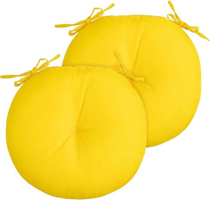 FUNHOME Bistro Chair Cushions 15 inch,Set of 2,Tufted Round Chair Cushions with Ties,15"x15"x4",Water Resistant Round Seat Cushion for Barstool Chairs,Patio Garden Kitchen Outdoor Furniture(Yellow)