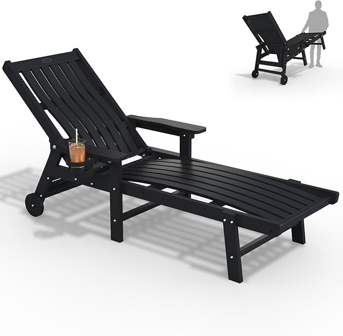 Patio Chaise Lounge Chair, Oversized Lounge Chair Outdoor with 5 Positions, HDPE, Patio Lounge Chair with Wheels & Cup Holder for Pool, Deck, Poolside,Black