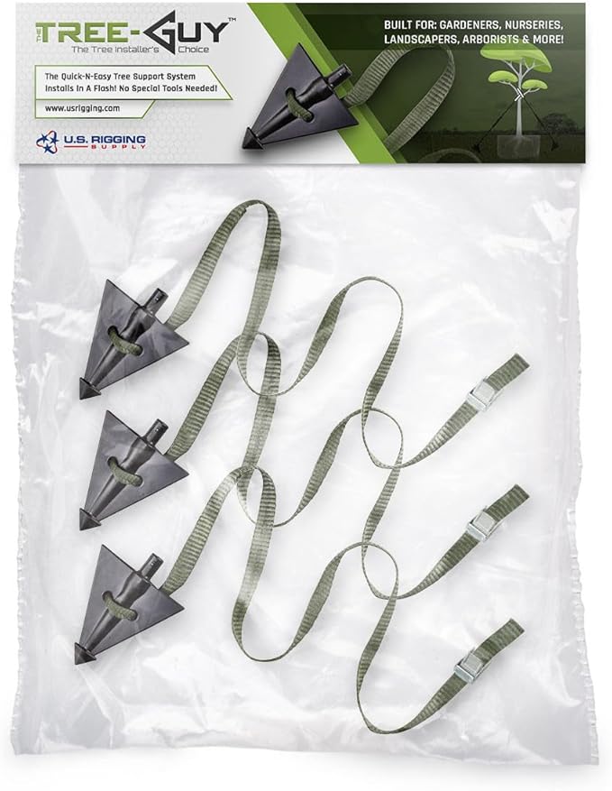 Pelican Rope Tree Guy Tree Tie Staking Anchor and Strap Kit 3 Pack, 12 ft Guy Line with Tree Staking System, Cam Lock