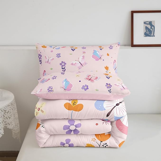 Erosebridal Cute Pink Floral Full Bedding Set,Butterfly Kawaii Comforter Set for Girls Kids,Flower Garden Comforter,Coquette Girly Flowers Bedroom Room Decor,2 Pillowcases Reversible
