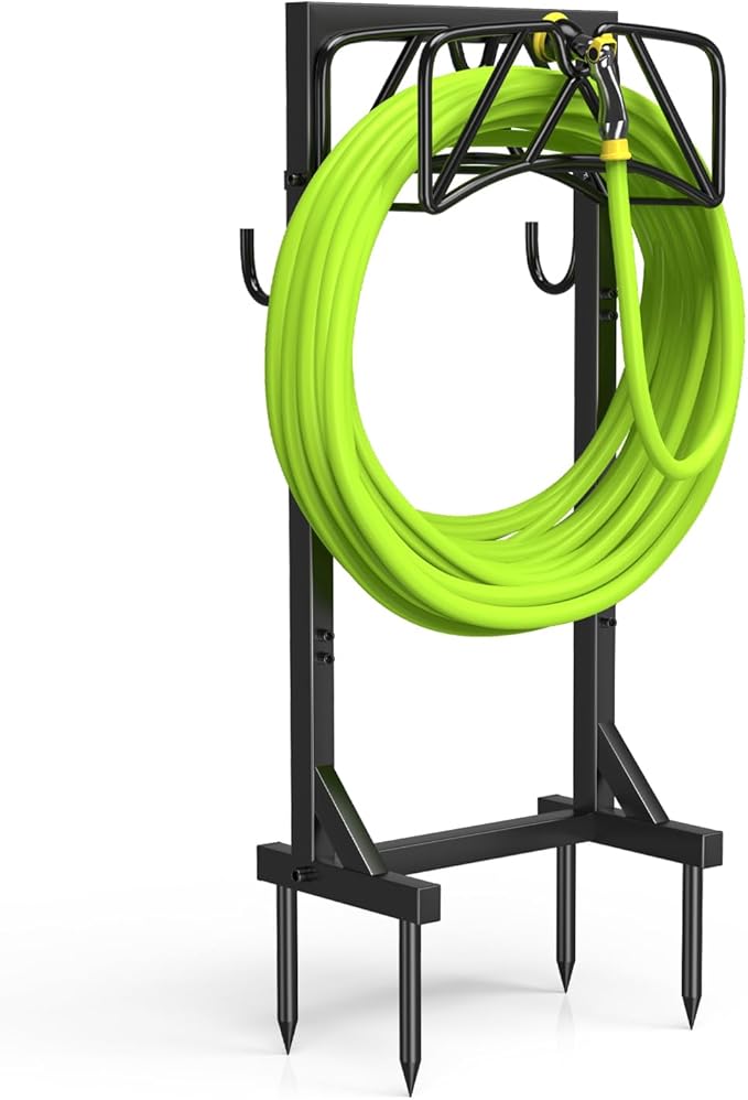 Heavy Duty Freestanding Hose Stand, Garden Water Hose Holder Rack with Tool Hooks, 4 Anchoring Spikes, Holds 150 ft for Lawn & Yard