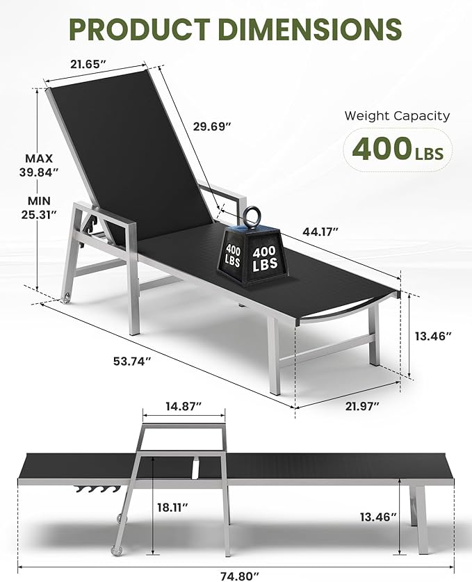 Patio Chaise Lounge Chair Outdoor with Wheels&Armrests, Aluminum Pool Lounge Chairs 5-Position Adjustable Recliner, Outdoor Beach Lounge Chairs for Poolside, Patio, Deck, Yard, Black