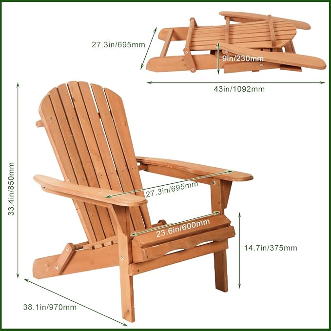 FDW Folding Adirondack Chair, All Weather Patio Chair Outdoor Fire Pit Chair for Patio Lawn Garden Backyard Deck Pool Beach