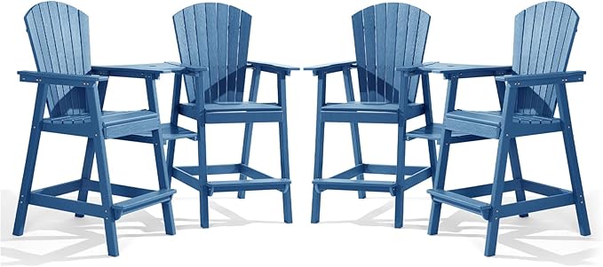 PASAMIC Tall Adirondack Chair Set of 4, All-Weather HDPE Outdoor Chairs with Removable Double Trays, Bar Height Adirondack Chairs for Balcony, Deck, Patio, Backyard, Blue