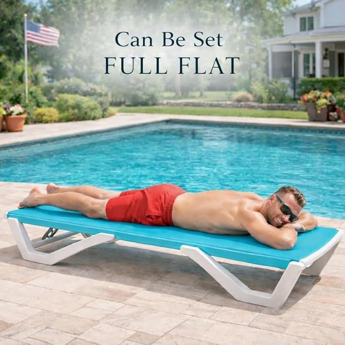 Kozyard Outdoor Chaise Lounge Chair, Full Flat Adjustable Patio Lounger with Aluminum Frame & Resin Legs, Textilene Fabric for Poolside, Backyard & Beach (Aqua/WhiteFrame, Chair)