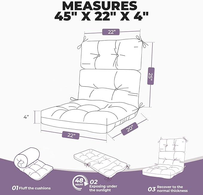 Outdoor/Indoor High Back Chair Cushion, Waterproof Outdoor Rocking Chair Cushion with Ties, Tufted Replacement Seat Cushions for Outdoor Furniture, Purple