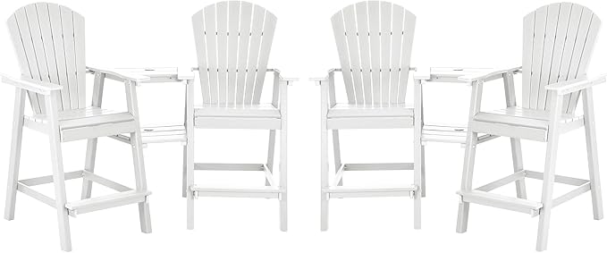 Tall Adirondack Chairs Set of 4, HDPE Balcony Chair with Double Connecting Tray, Weather Resistant Outdoor Adirondack Bar Stools for Patio, Deck, Patio, Backyard, Balcony. (White)