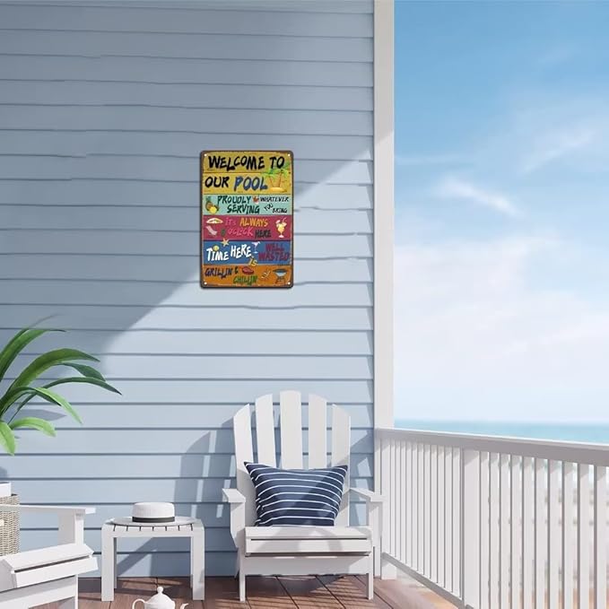 Vintage Welcome to Our Pool Sign - 8x12 Inches Decorative Sign for Outdoor Use, Perfect for Home, Backyard, Beach House, and Pool Area Decor