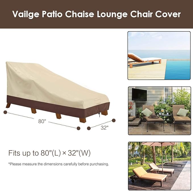 Vailge Waterproof Patio Chaise Lounge Cover, 600D Heavy Duty Outdoor Lounge Chair Covers,UV Resistant Patio Furniture Covers,Medium,Beige & Brown