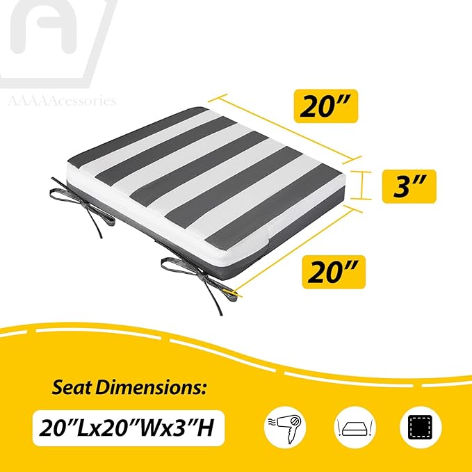 AAAAAcessories Outdoor Seat Cushions for Chairs, Waterproof, Fade-Resistant, 20" x 20" x 3", Patio Furniture Replacement Cushions, Set of 2, Gray Cabana Stripe