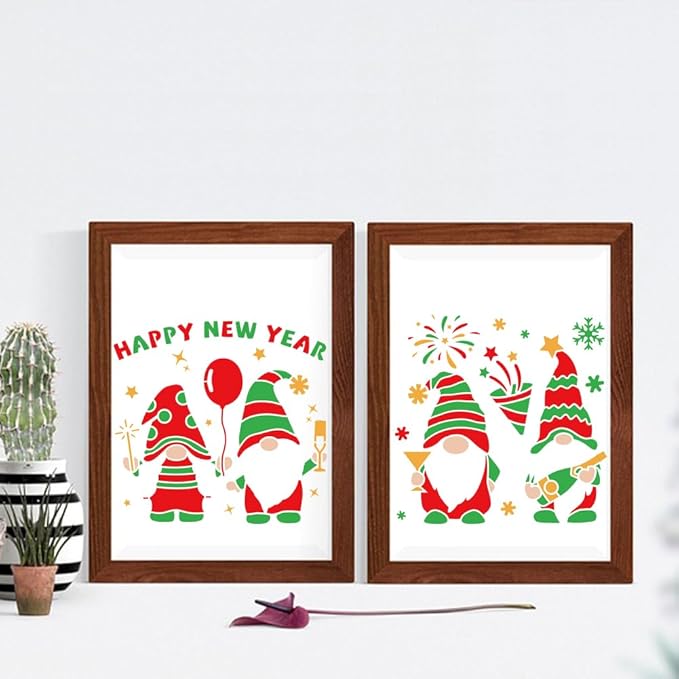 MAYJOYDIY 3pcs Happy New Year Gnome Stencil 11.8×11.8inch Reusable Christmas Gnome Stencils Fireworks Snowflakes Template with Paint Brush for Craft Wood Wall Home Decor