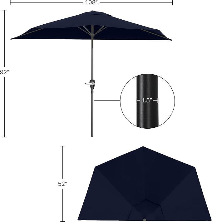 Half Umbrella Outdoor Patio Shade - 9 ft Patio Umbrella with Easy Crank - Small Canopy for Balcony, Table, or Deck by Pure Garden (Navy Blue)