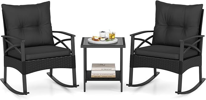 Tangkula 3 Pieces Outdoor Rocking Chairs Set, Rattan Heavy Duty Cushioned Rocker Chairs with 2-Tier Tempered Glass Coffee Table, for Garden, Balcony, Backyard (Black+Gray)