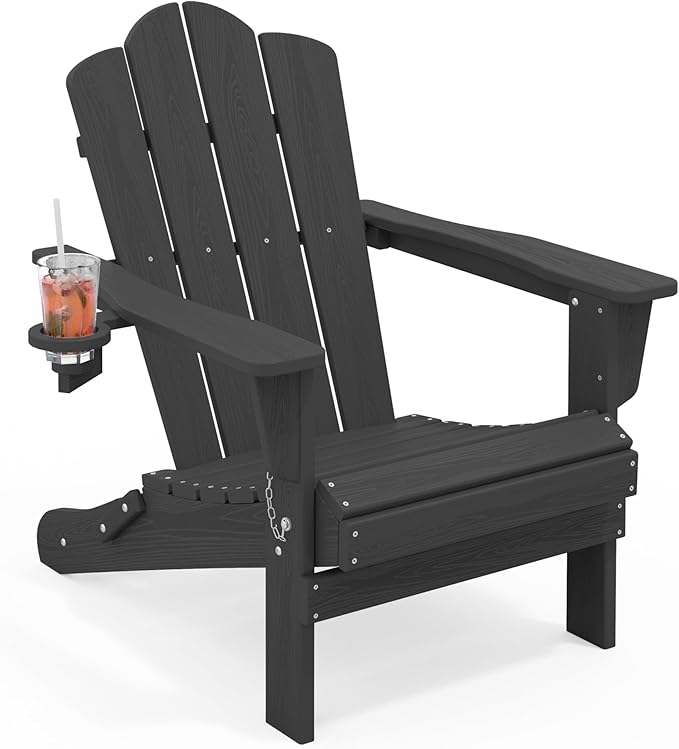 KINGYES Folding Adirondack Chair, HDPE All-Weather Patio Chairs with Cup Holder, Wooden Textured Fire Pit Chairs for Poolside, Backyard, Deck, Grey