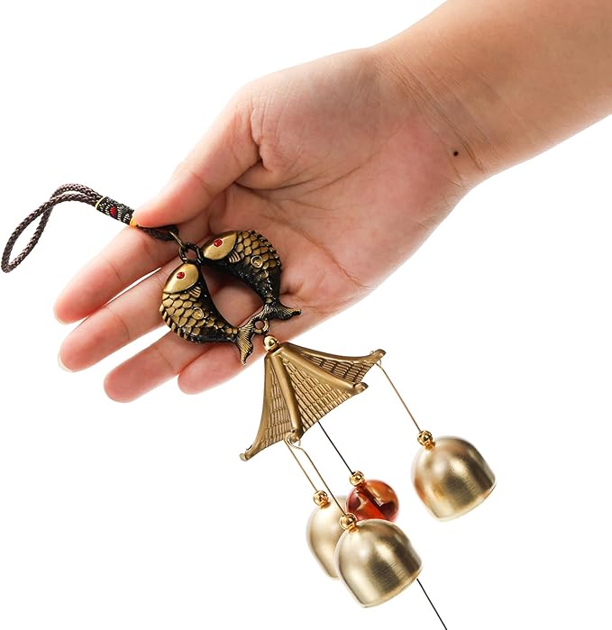 4 Pack Lucky Wind Chimes, Chinese Wind Bell, 3-Bell Vintage Blessing Hanging Wind Chime with Fish Coin for Safe, Good Luck, Wealth Home Garden Patio Hanging Decoration Gift