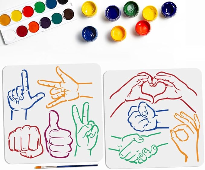 MAYJOYDIY 2pcs Hand Gesture Fist Stencil 11.8×11.8inch 9 Styles Handshake OK Heart Gesture Stencil with Paint Brush Hands Themed Drawing Template for Wood Walls Canvas Furniture Crafts Art Projects