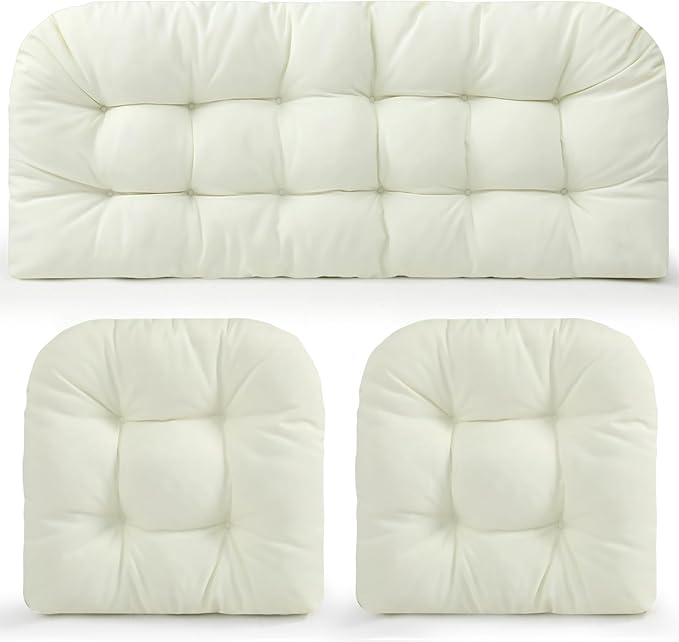 Barydat 3 Pack Wicker Furniture Cushions Waterproof Outdoor/Indoor Tufted Wicker Chair Cushions 1 Loveseat and 2 U-Shape Rattan Chairs for Patio Furniture, Rattan Love Seat, Bench(Cream)