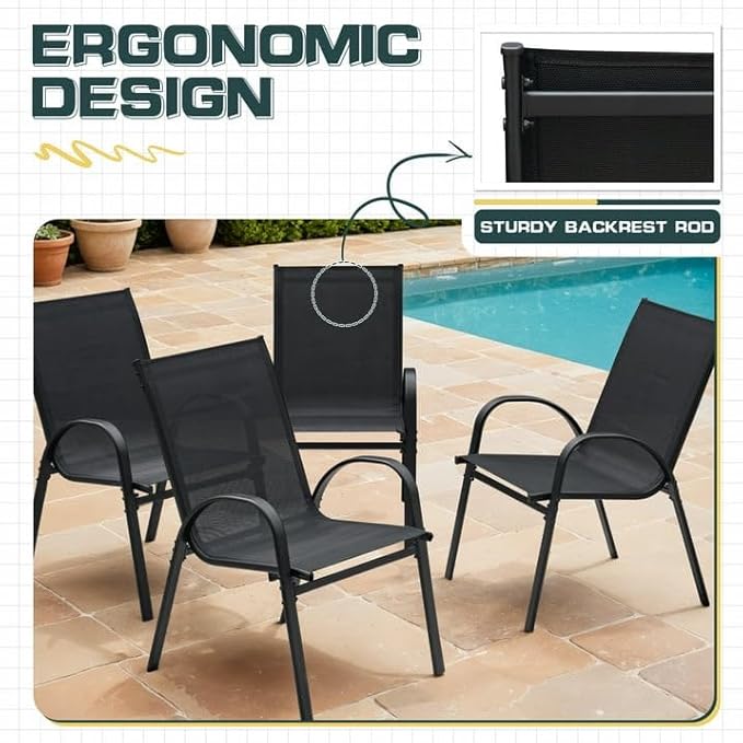 Devoko 4-Pack Stackable Patio Chairs Heavy-Duty Rust-Resistant Outdoor Dining Chairs with Ultra-Comfort Textilene Fabric for Deck, Porch, Garden & Balcony (Black)