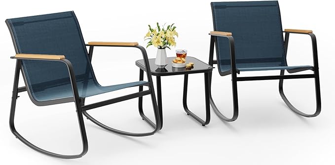 Aiho 3 Piece Rocking Bistro Set, Textilene Fabric Patio Furniture Set, Front Porch Rocker Chairs with Coffee Table for Lawn, Garden, Balcony, Poolside (Blue)