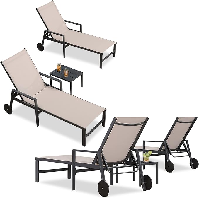 PURPLE LEAF Patio Chaise Lounge 4 Pieces Aluminum Recliner Chair with Wheels and Armrests Lounger for Lawn Backyard Beige Outdoor Lounge Chair
