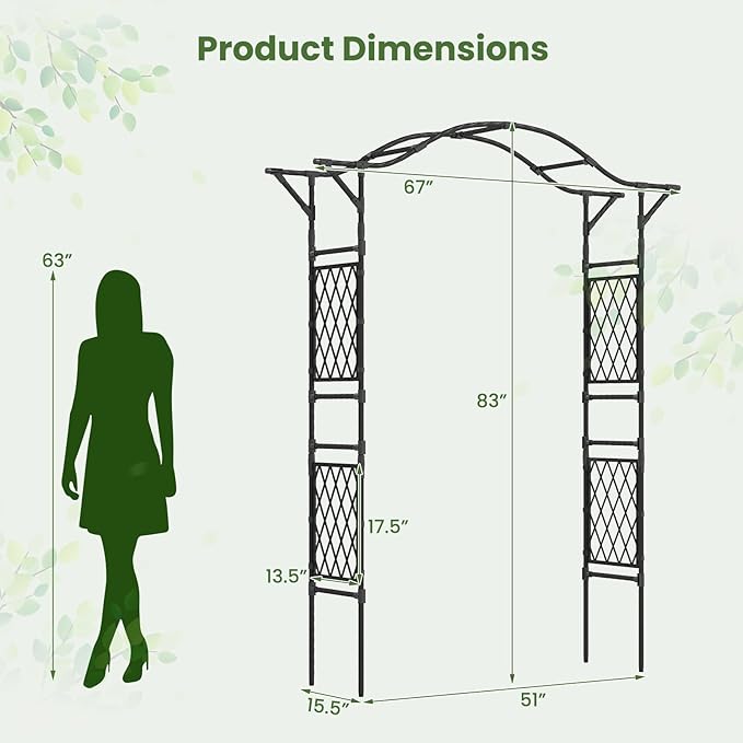 Giantex Garden Arch Trellis, 67''W x 83''H Metal Arbor with Corrugated PE-Coated Steel Tubes & Lattice Panels for Climbing Plants, Decorative Wedding Arch for Yard, Lawn, Party & Outdoor Events