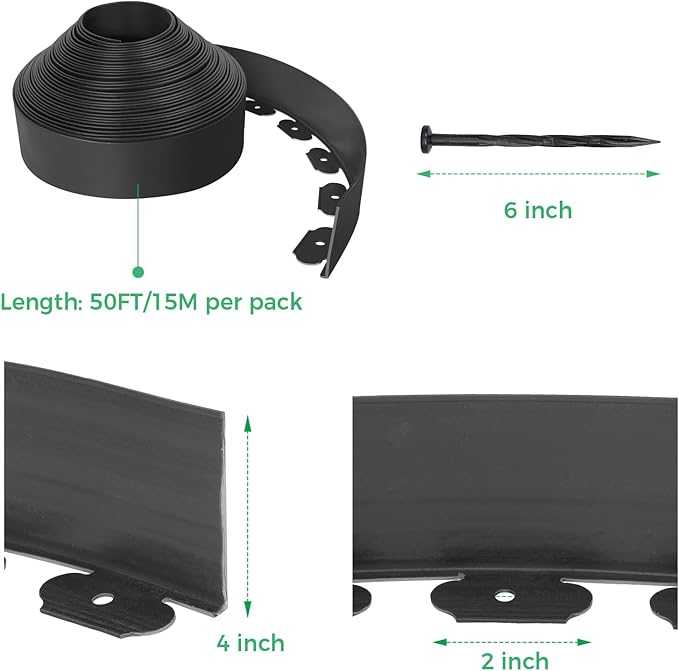 4-Inch x 50 FT Landscape Edging Border with 75 Spikes, Garden Edging Lawn Border Kit, Plastic Edging Border Flexible for Garden Flower Beds Lawn Yard Pathway Paver Edging (Black)
