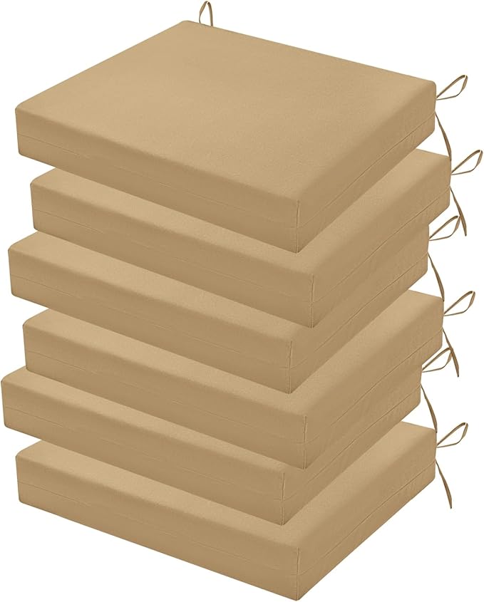 Outdoor Chair Cushions Set of 6, 18.5 x 16 Inch Patio Chair Cushions for Outdoor Furniture, Water Resistant, Non-Slip Ties (Khaki)